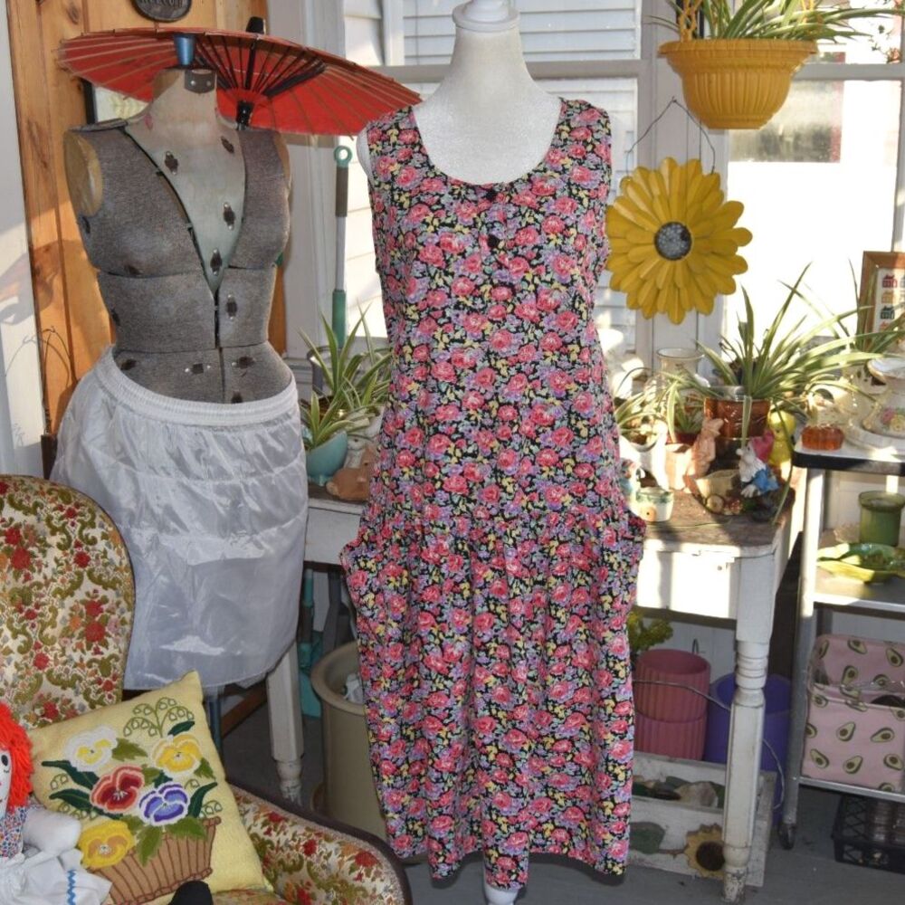 Vintage 90s High Risk Floral Cotton Drop Waist Midi Dress Cottagecore L India